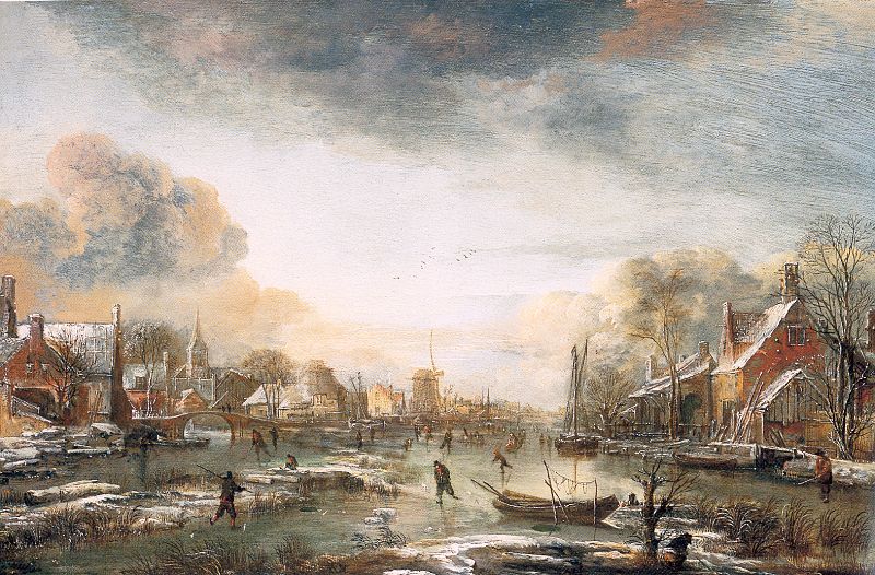 Aert van der Neer A Frozen River by a Town at Evening